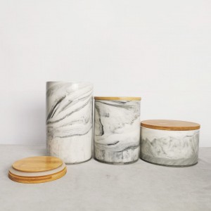 oem decorative grey pink marble effect look design with wooden lid cookie coffee tea food ceramic storage canister jar 3 pcs