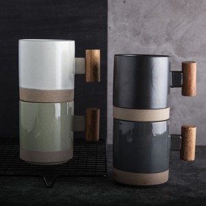 Custom Logo Coffee Ceramic Mug With Wooden Handle Porcelain Reusable Coffee Cup Mug Gift Set