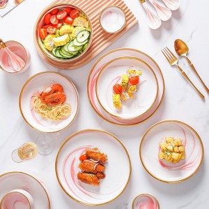 luxusní svatební zlaté lemované linka pokovené keramické nádobí jídelní talíř a miska mramorová jídelní souprava porcelán