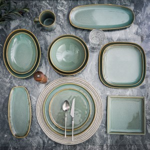 Luxury Royal Horeca Tableware Western Coffee Tea Set Dinnerware Sets Reactive Green Glazed Luxury Porcelain Dinner Set