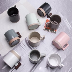 Custom Logo Coffee Ceramic Mug With Wooden Handle Porcelain Reusable Coffee Cup Mug Gift Set