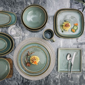 Luxury Royal Horeca Tableware Western Coffee Tea Set Dinnerware Sets Reactive Green Glazed Luxury Porcelain Dinner Set