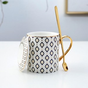 Hot sales Creative minimalist geometric mug ceramic cup coffee mug with spoon and lid